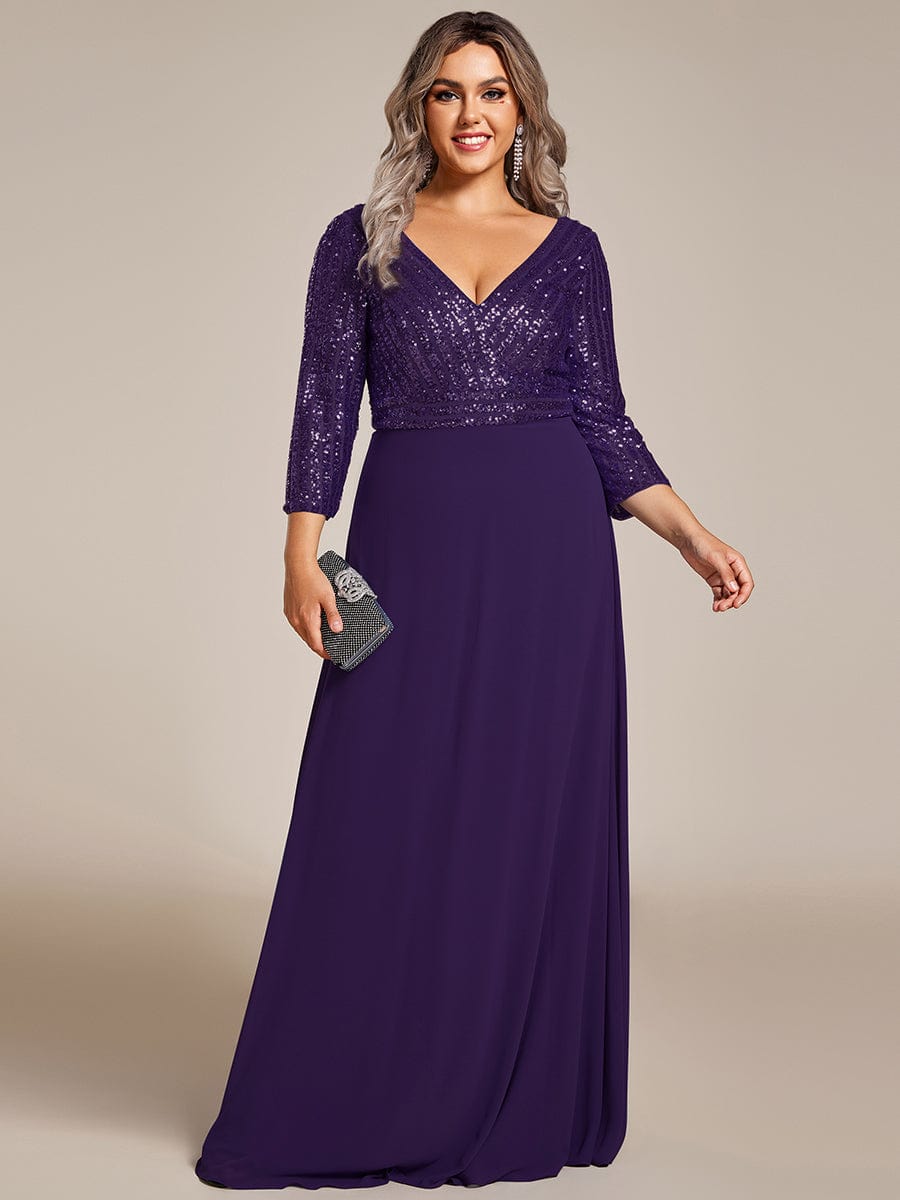 Plus Size V Neck Sequined Dress #color_Dark Purple