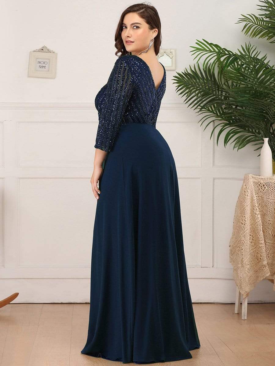 Plus Size V Neck Sequined Dress #color_Navy Blue