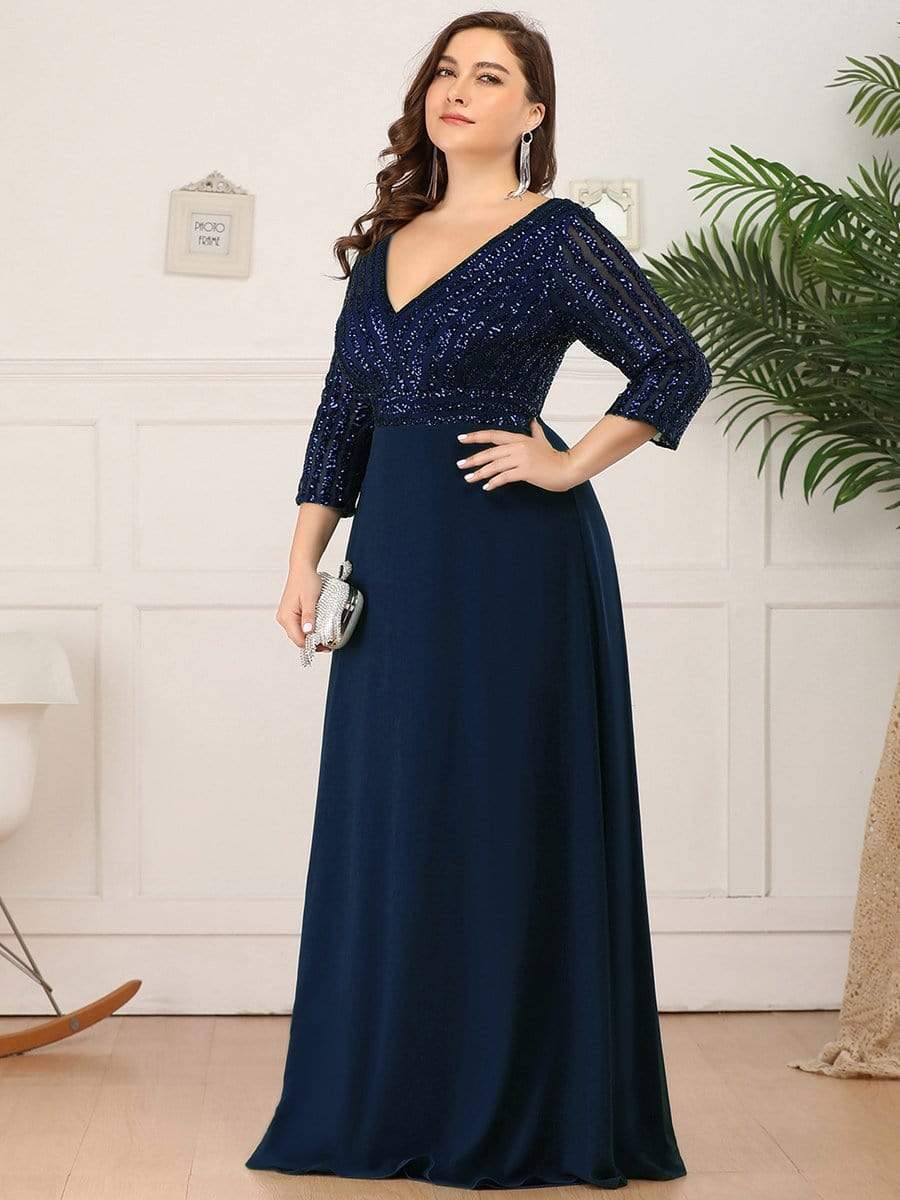 Plus Size V Neck Sequined Dress #color_Navy Blue