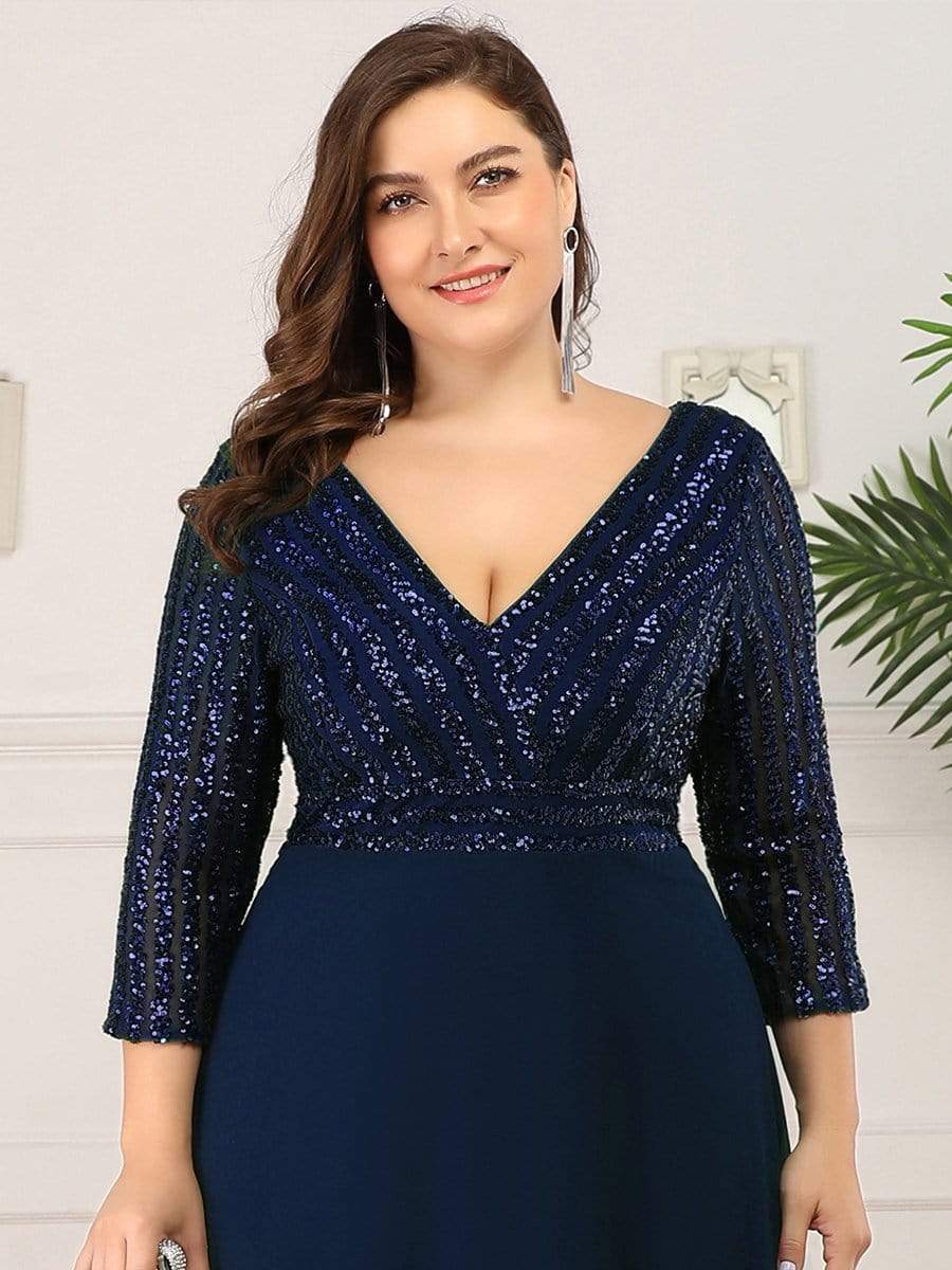 Plus Size V Neck Sequined Dress #color_Navy Blue