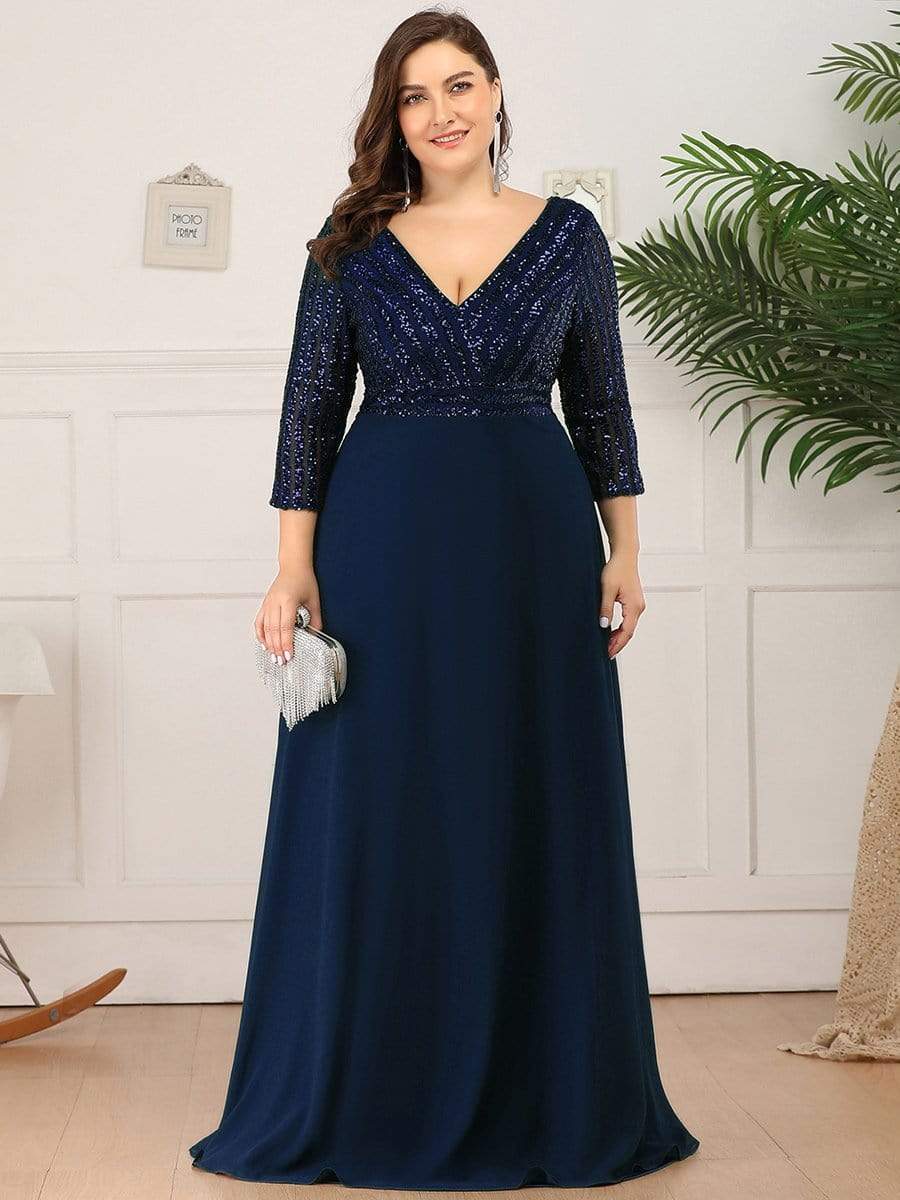 Plus Size V Neck Sequined Dress #color_Navy Blue