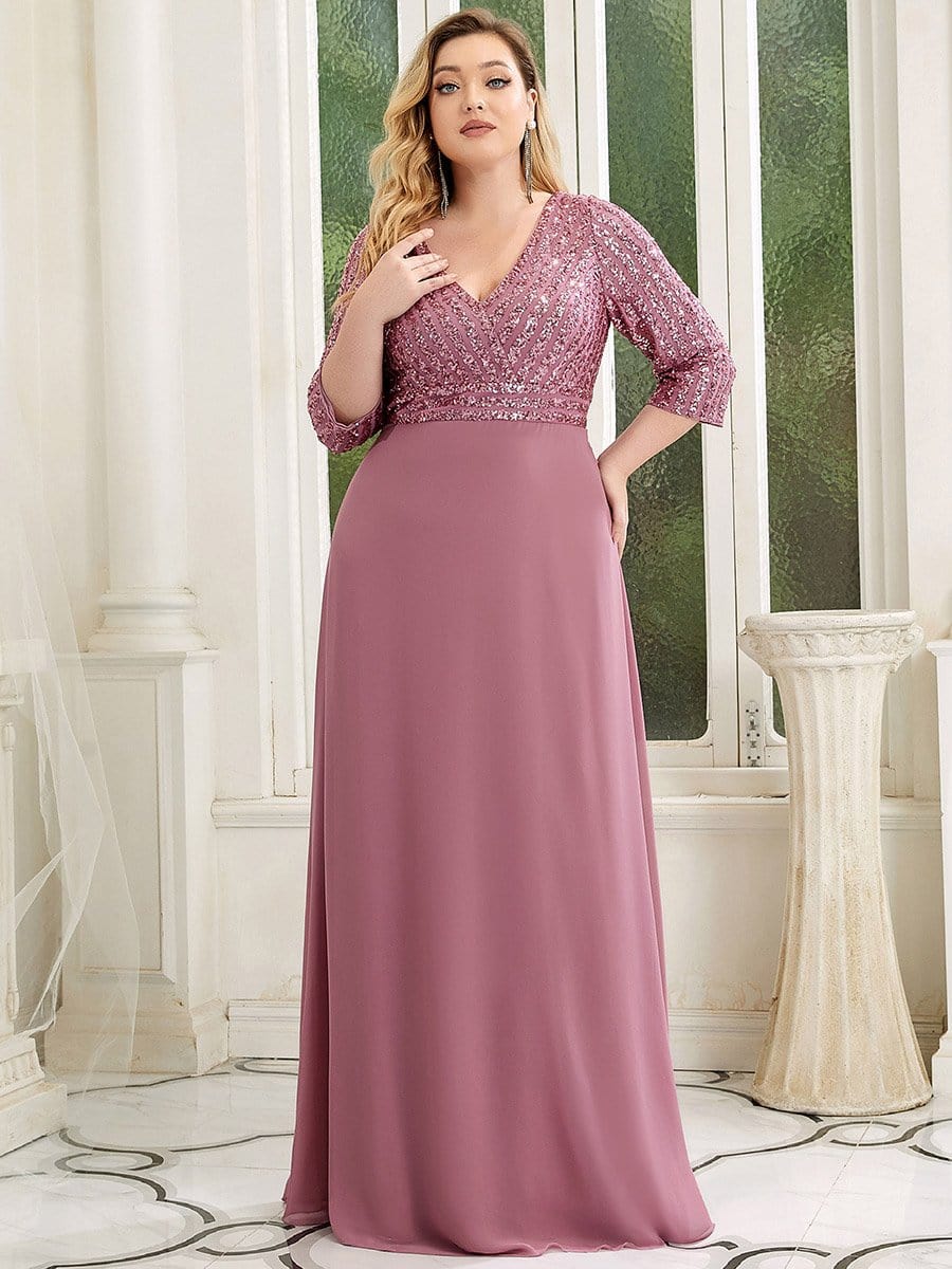 Plus Size V Neck Sequined Dress #color_Purple Orchid