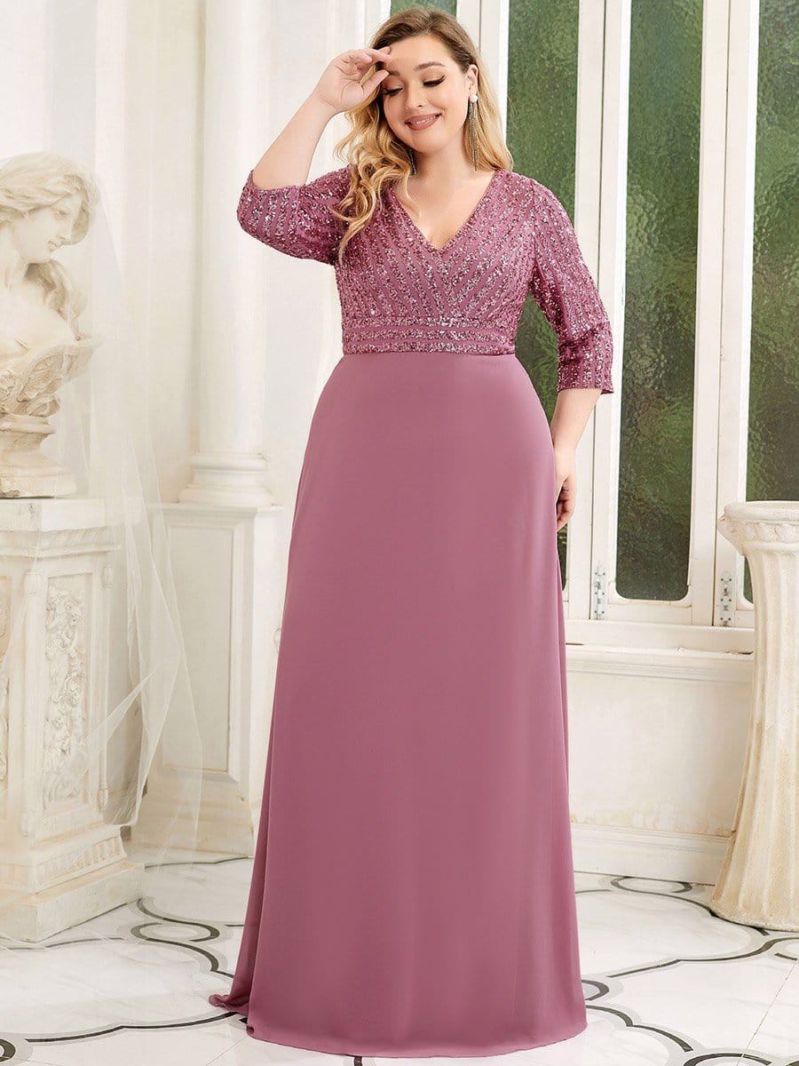 Plus Size V Neck Sequined Dress #color_Purple Orchid