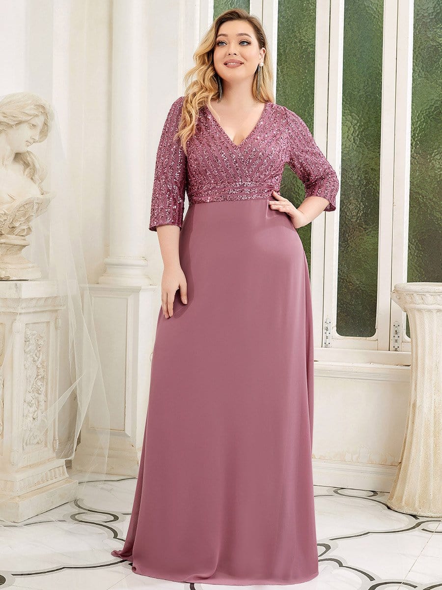 Plus Size V Neck Sequined Dress #color_Purple Orchid