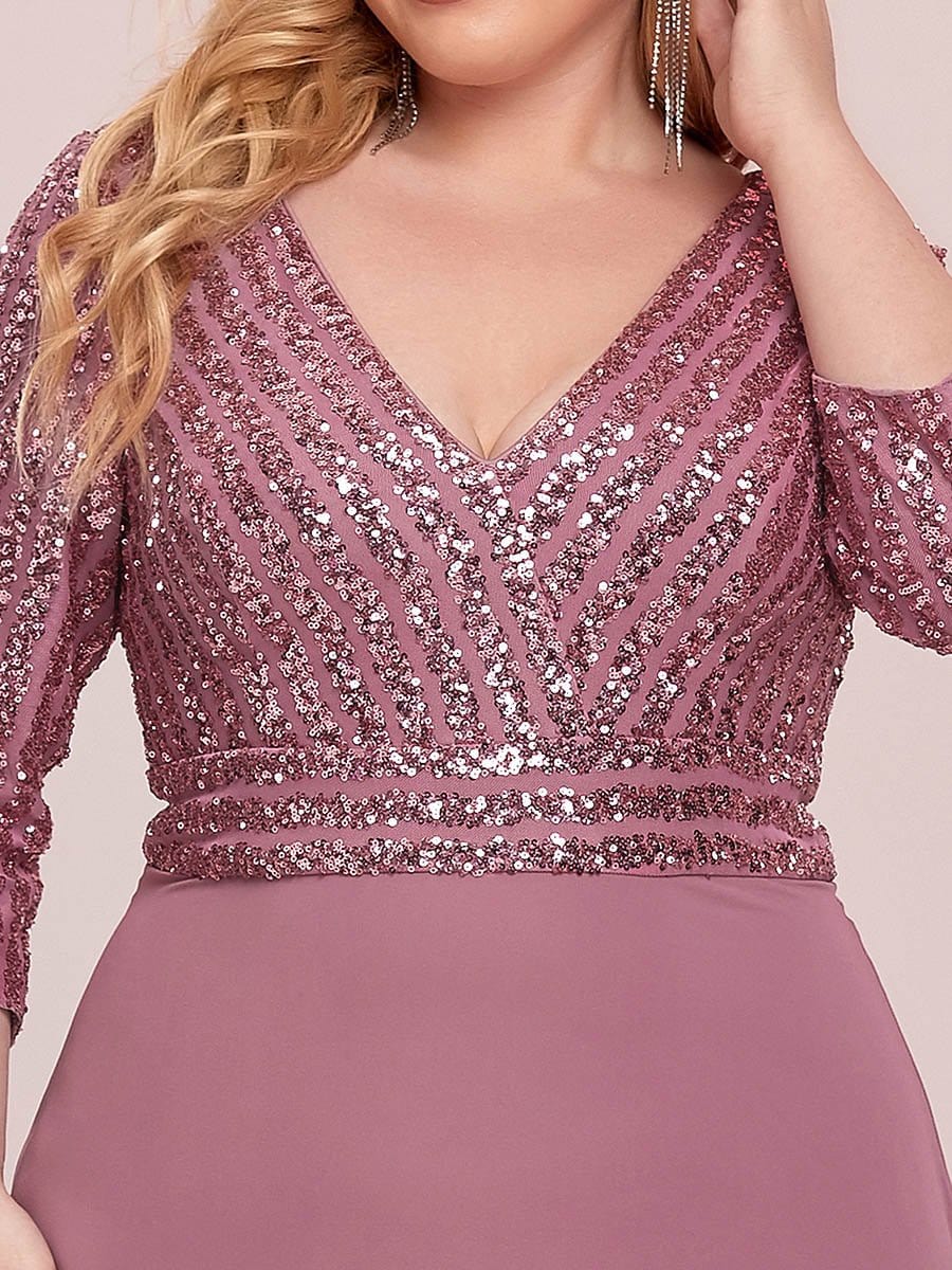 Plus Size V Neck Sequined Dress #color_Purple Orchid