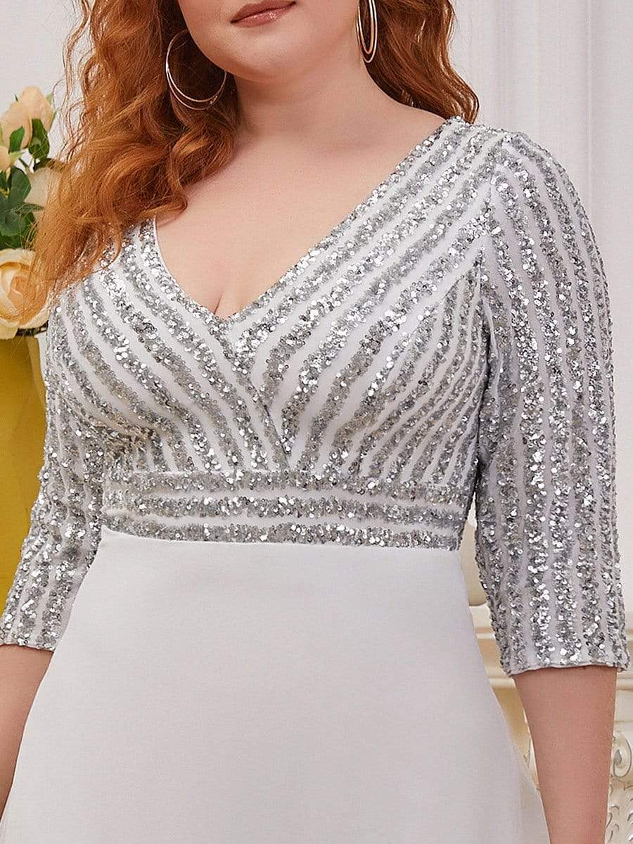 Plus Size V Neck Sequined Dress #color_White