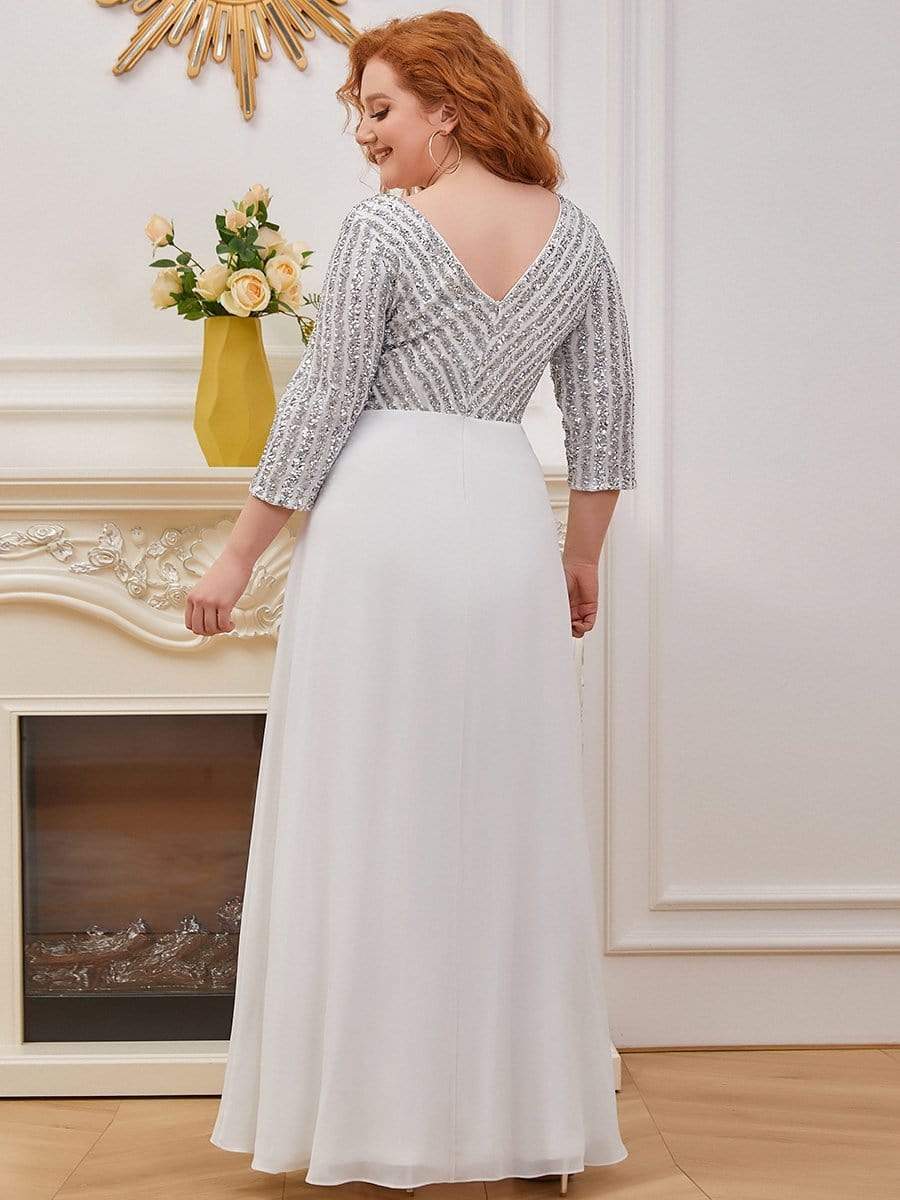 Plus Size V Neck Sequined Dress #color_White