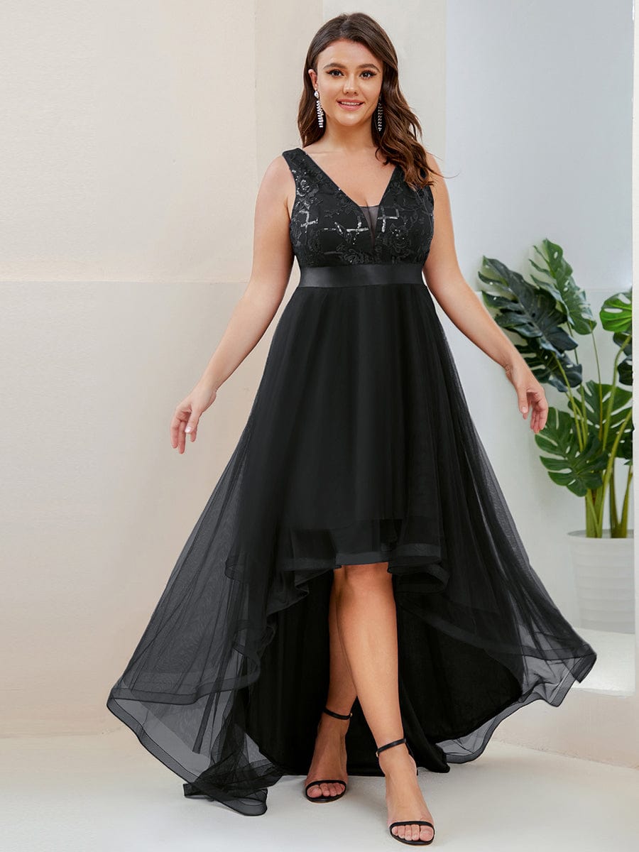 Plus Size Sequined Tulle Dress #color_Black