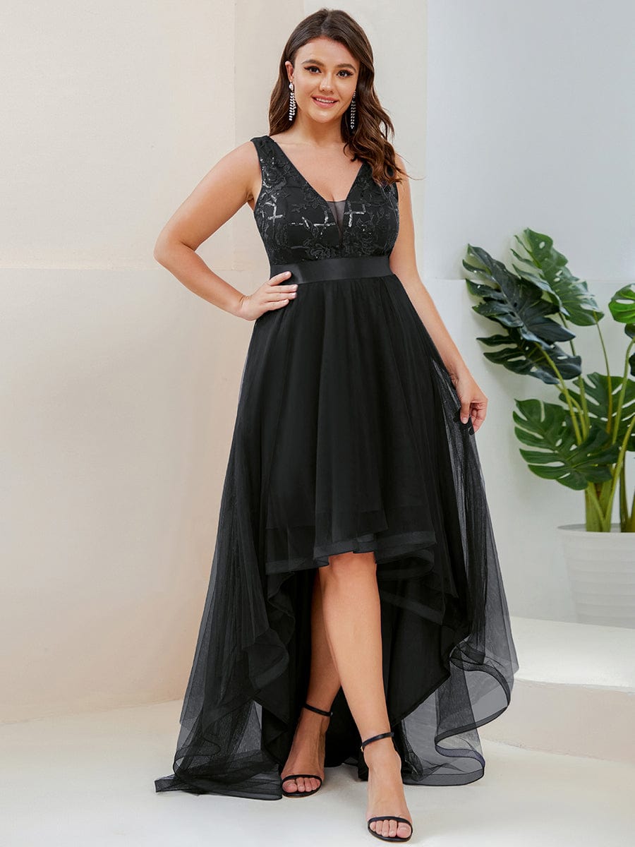 Plus Size Sequined Tulle Dress #color_Black