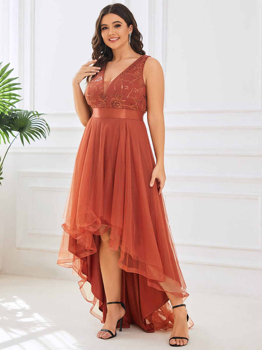 Plus Size Sequined Tulle Dress #color_Burnt Orange