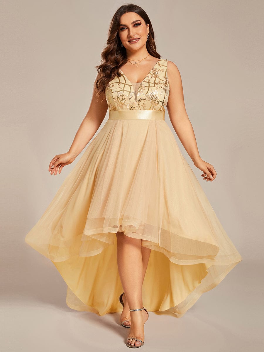 Plus Size Sequined Tulle Dress #color_Gold