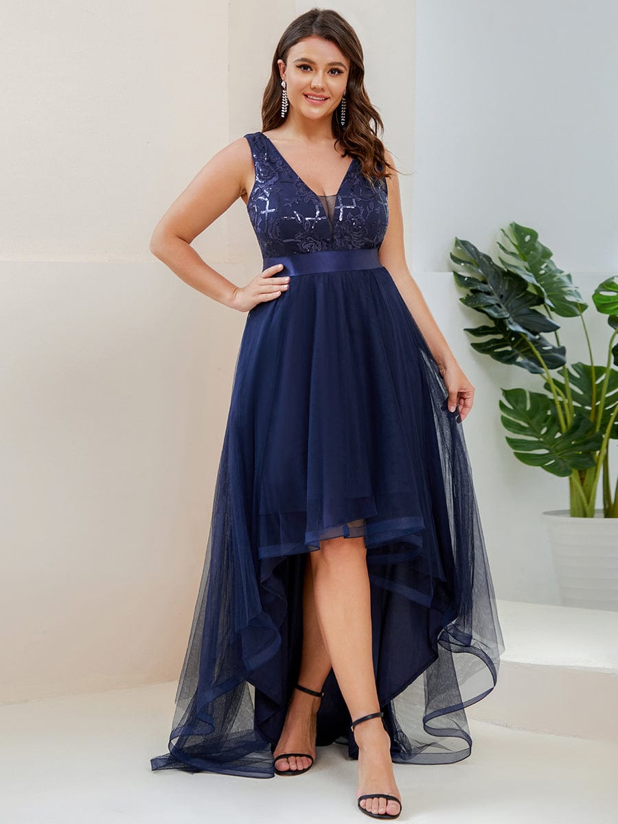 Plus Size Sequined Tulle Dress #color_Navy Blue