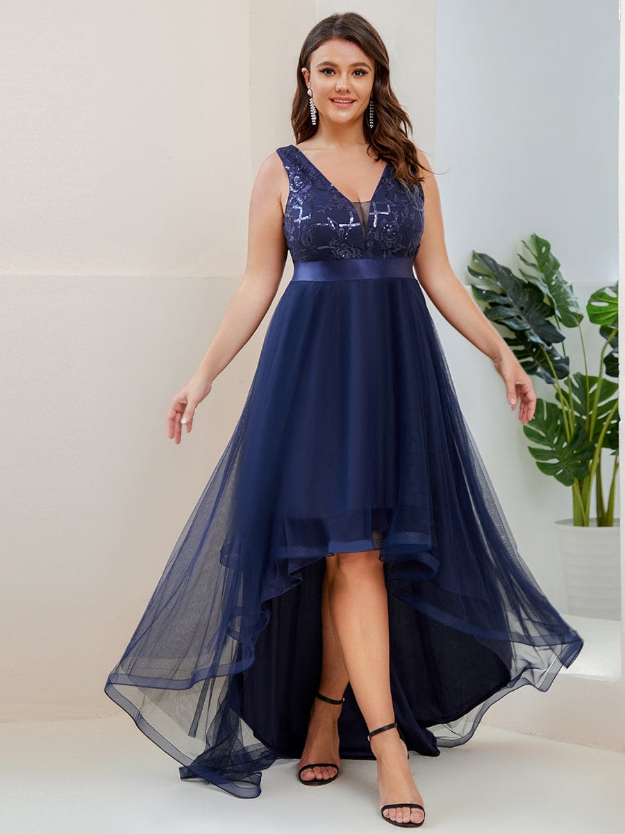 Plus Size Sequined Tulle Dress #color_Navy Blue