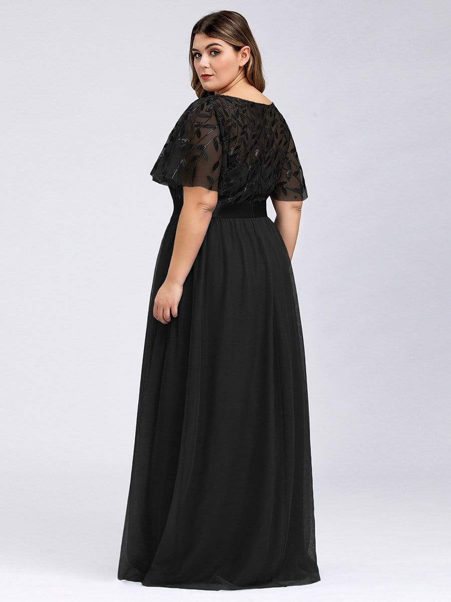 Plus Size Sequined Tulle Maxi Dress with Satin Waist Accent #color_Black