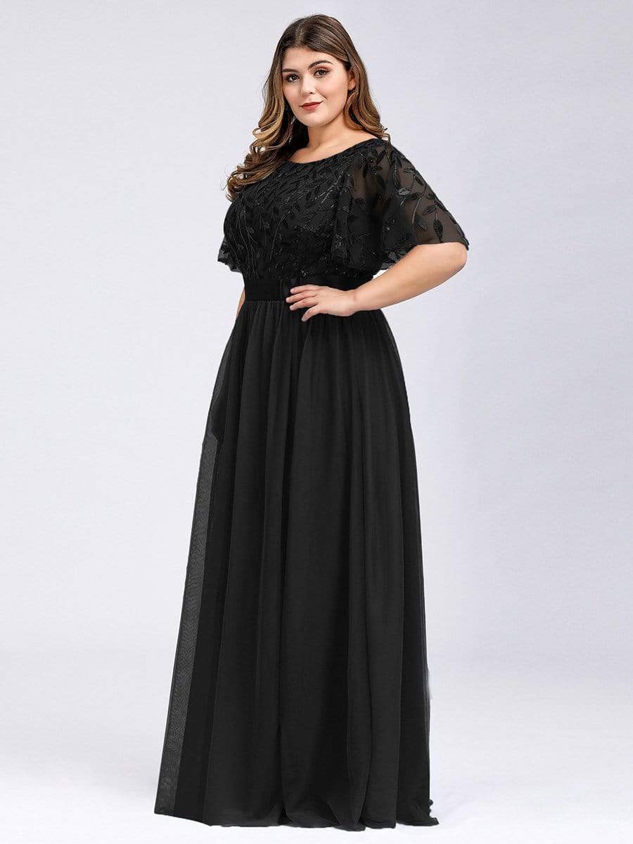 Plus Size Sequined Tulle Maxi Dress with Satin Waist Accent #color_Black