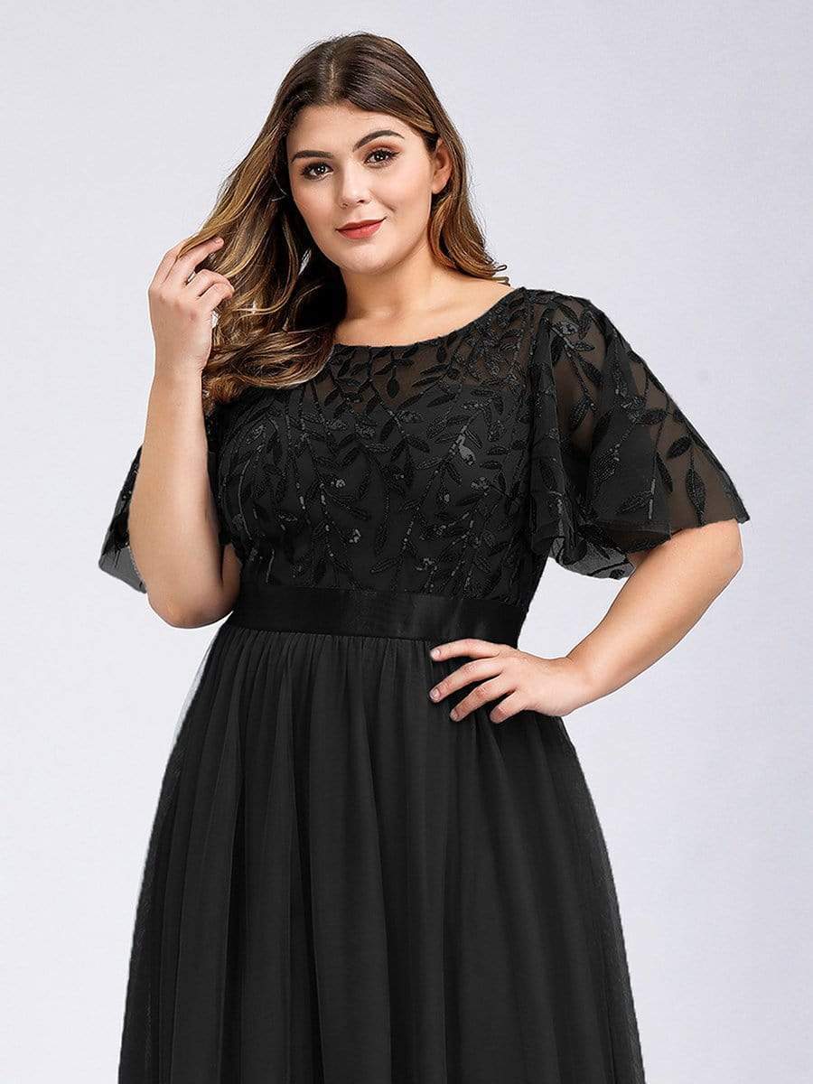 Plus Size Sequined Tulle Maxi Dress with Satin Waist Accent #color_Black