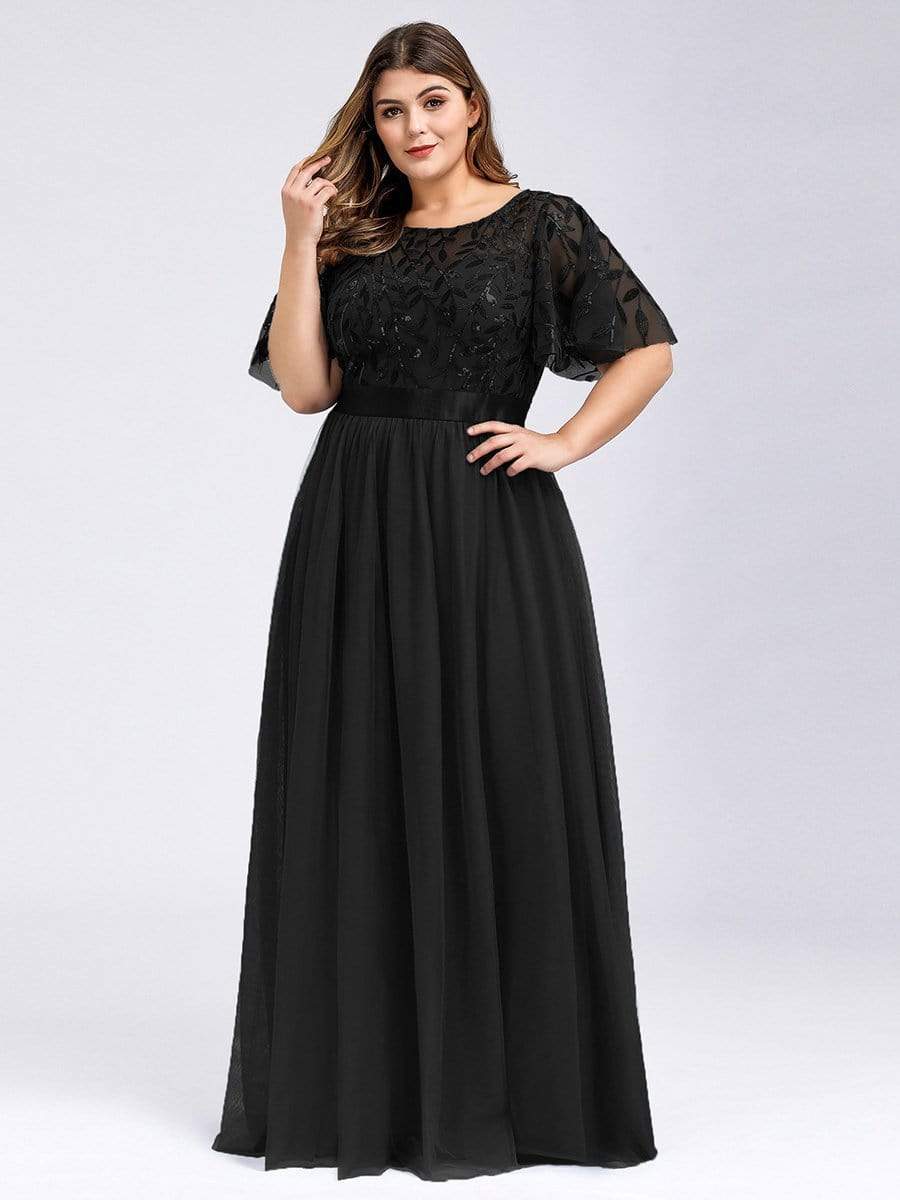 Plus Size Sequined Tulle Maxi Dress with Satin Waist Accent #color_Black