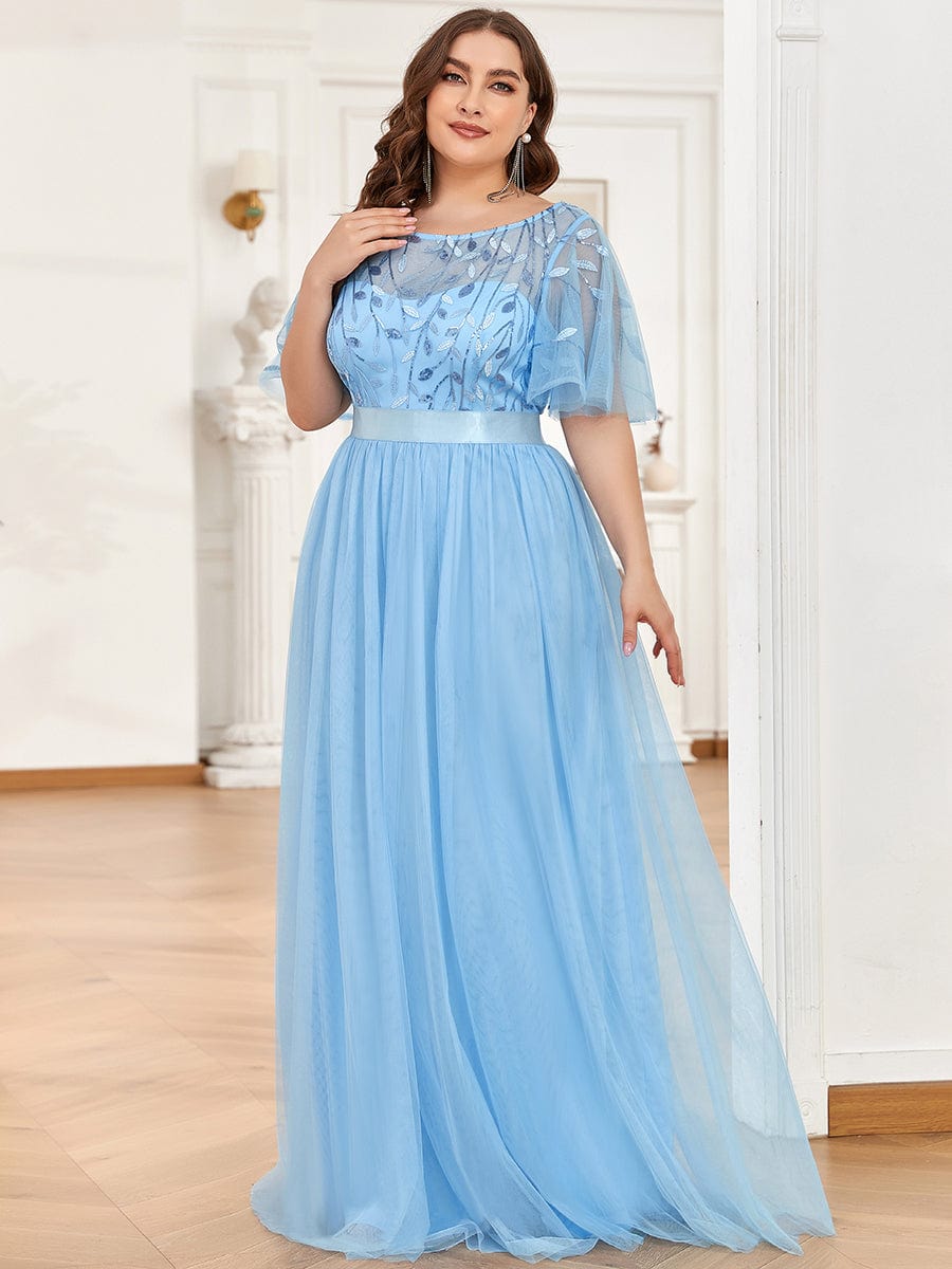 Plus Size Sequined Tulle Maxi Dress with Satin Waist Accent #color_Sky Blue