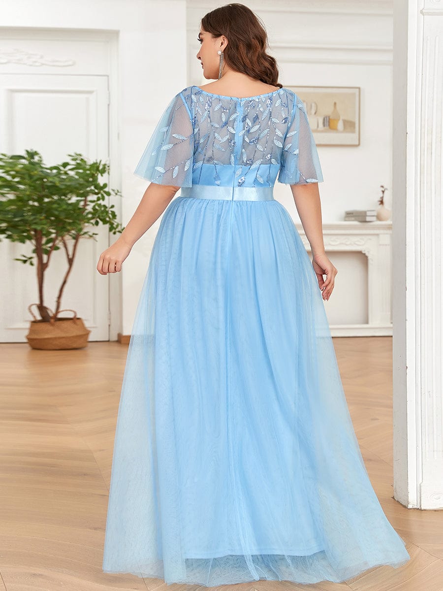 Plus Size Sequined Tulle Maxi Dress with Satin Waist Accent #color_Sky Blue