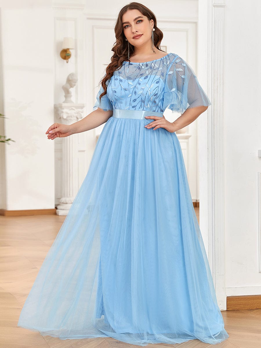 Plus Size Sequined Tulle Maxi Dress with Satin Waist Accent #color_Sky Blue