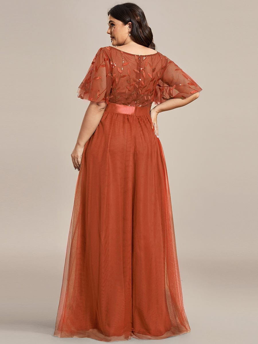 Plus Size Sequined Tulle Maxi Dress with Satin Waist Accent #color_Burnt Orange