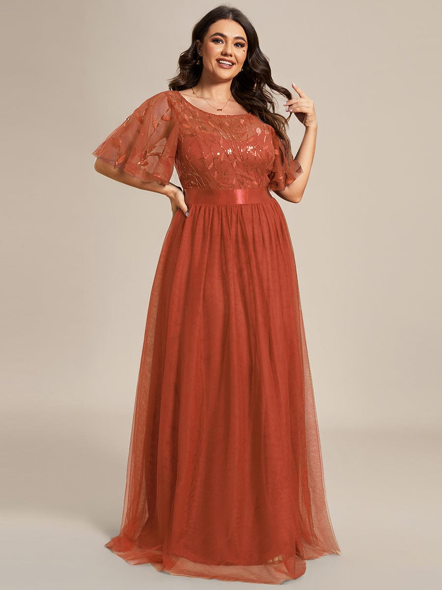 Plus Size Sequined Tulle Maxi Dress with Satin Waist Accent #color_Burnt Orange