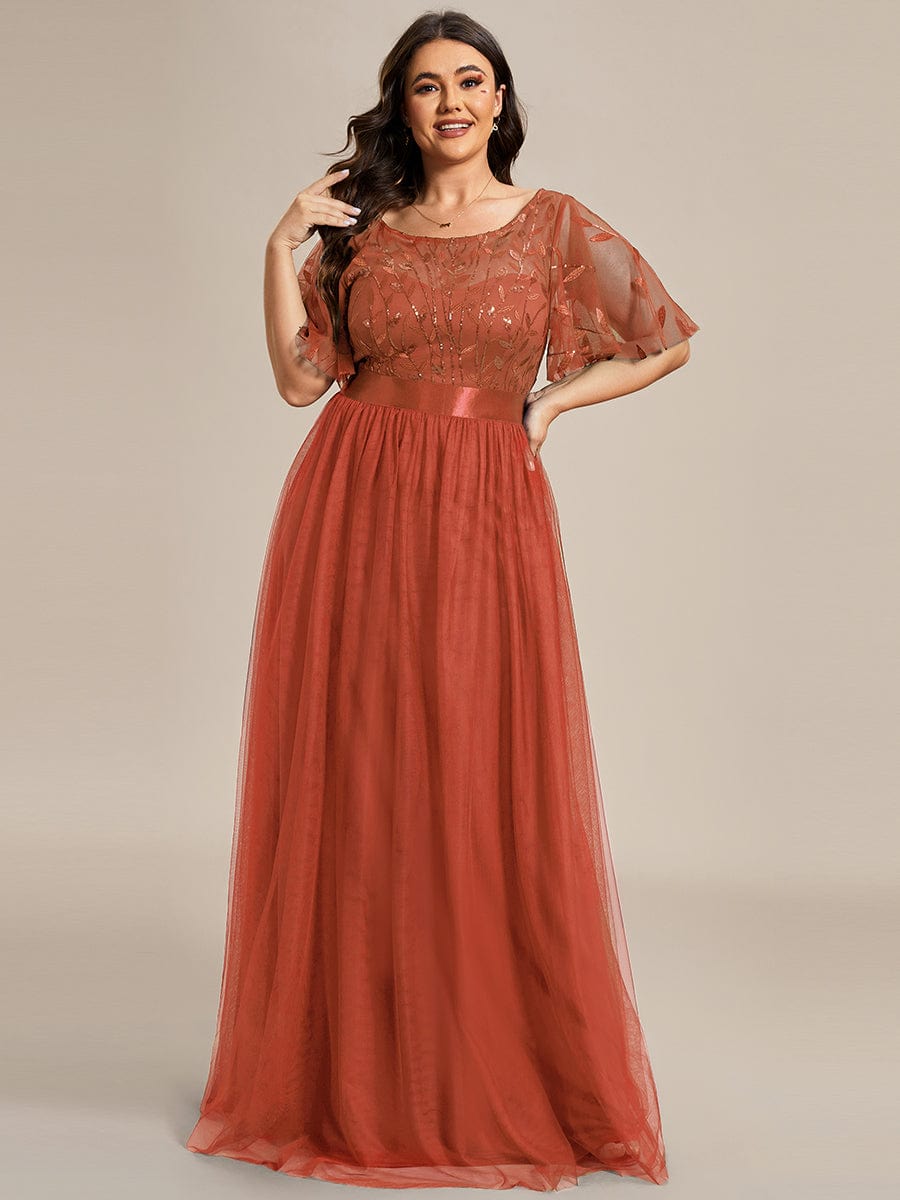 Plus Size Sequined Tulle Maxi Dress with Satin Waist Accent #color_Burnt Orange