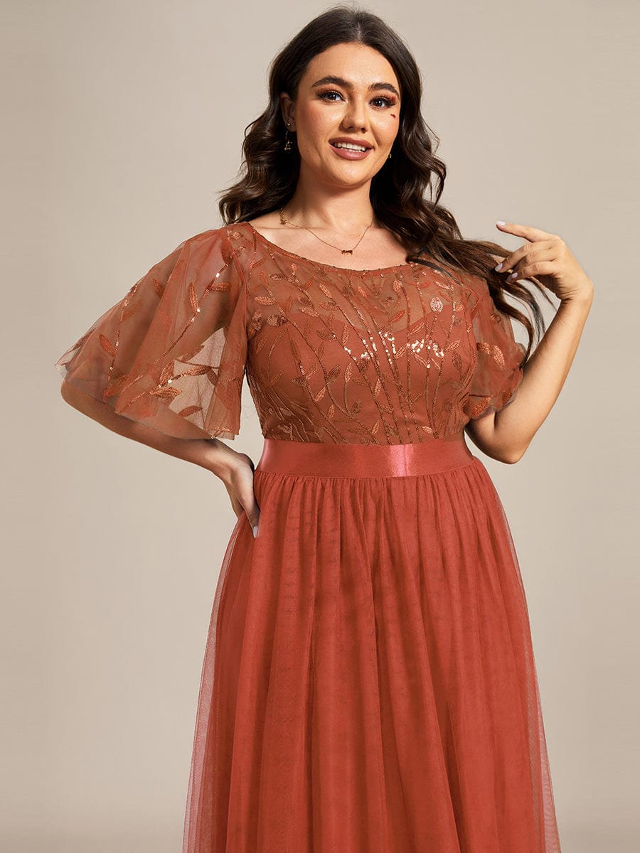 Plus Size Sequined Tulle Maxi Dress with Satin Waist Accent #color_Burnt Orange