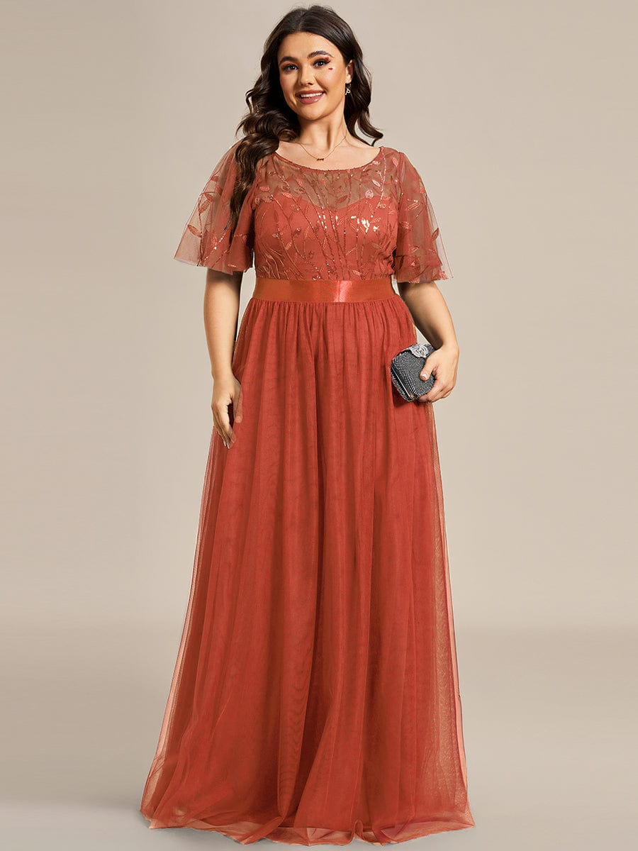 Plus Size Sequined Tulle Maxi Dress with Satin Waist Accent #color_Burnt Orange