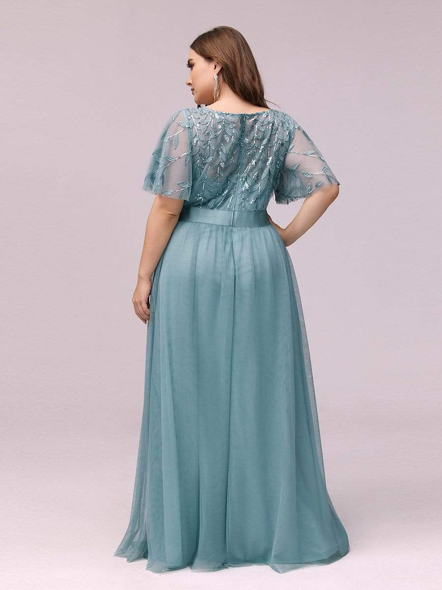 Plus Size Sequined Tulle Maxi Dress with Satin Waist Accent #color_Light Teal