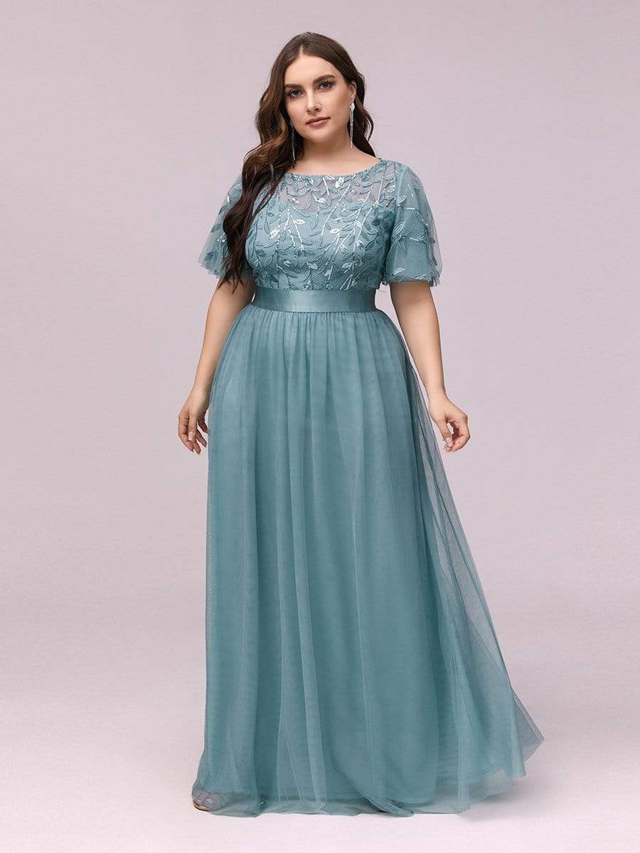 Plus Size Sequined Tulle Maxi Dress with Satin Waist Accent #color_Light Teal