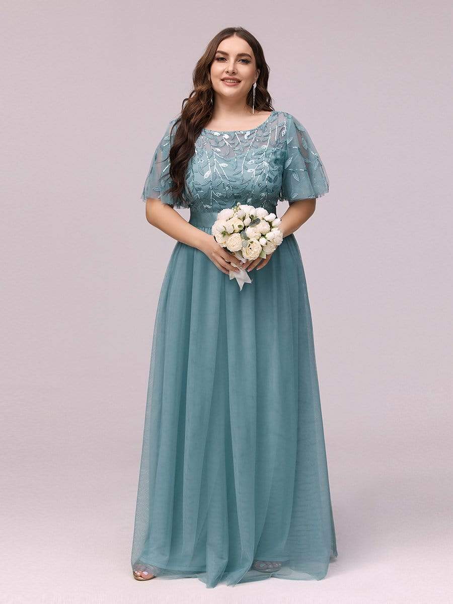 Plus Size Sequined Tulle Maxi Dress with Satin Waist Accent #color_Light Teal