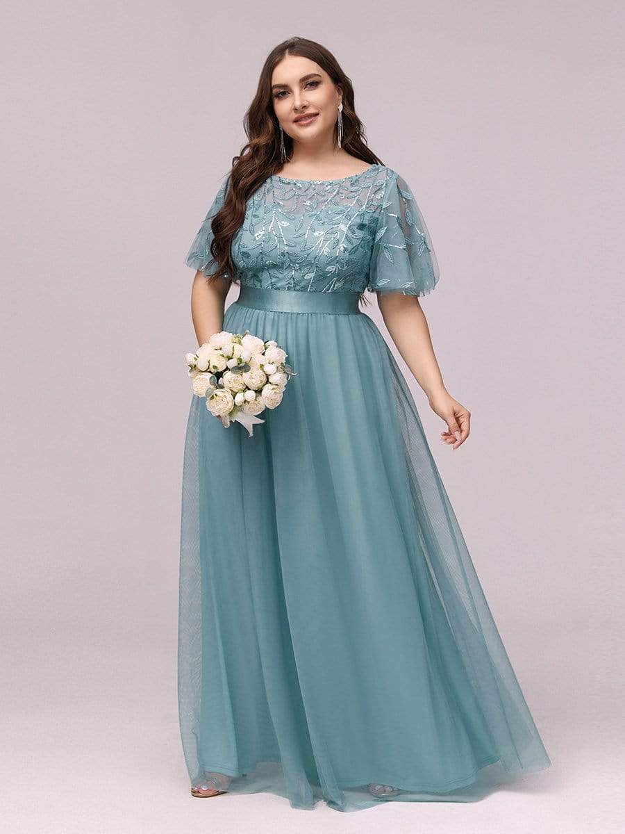 Plus Size Sequined Tulle Maxi Dress with Satin Waist Accent #color_Light Teal