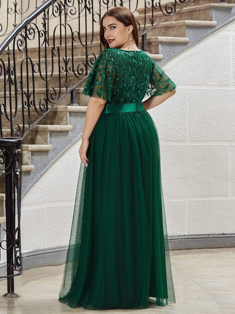 Plus Size Sequined Tulle Maxi Dress with Satin Waist Accent #color_Dark Green