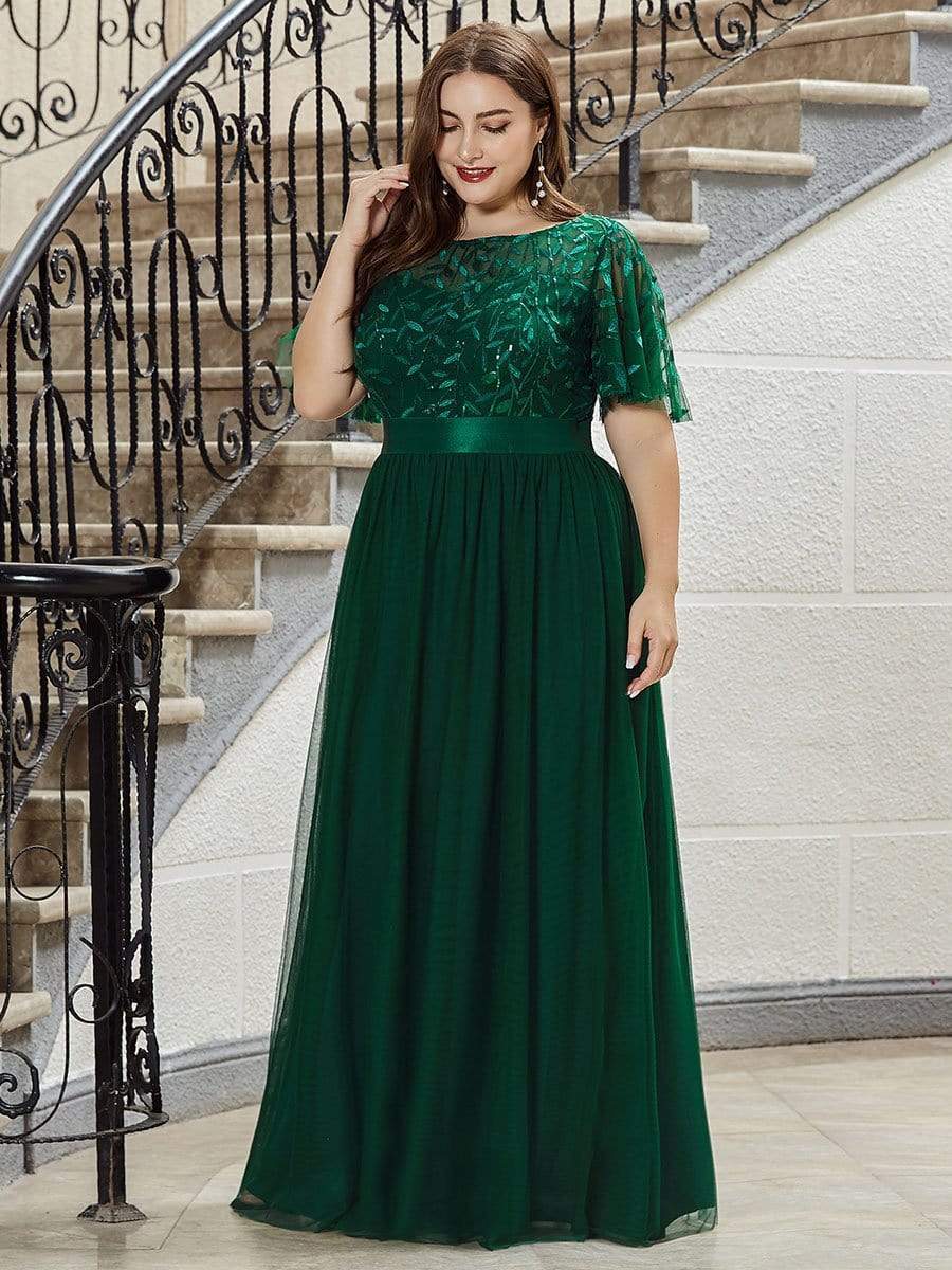 Plus Size Sequined Tulle Maxi Dress with Satin Waist Accent #color_Dark Green