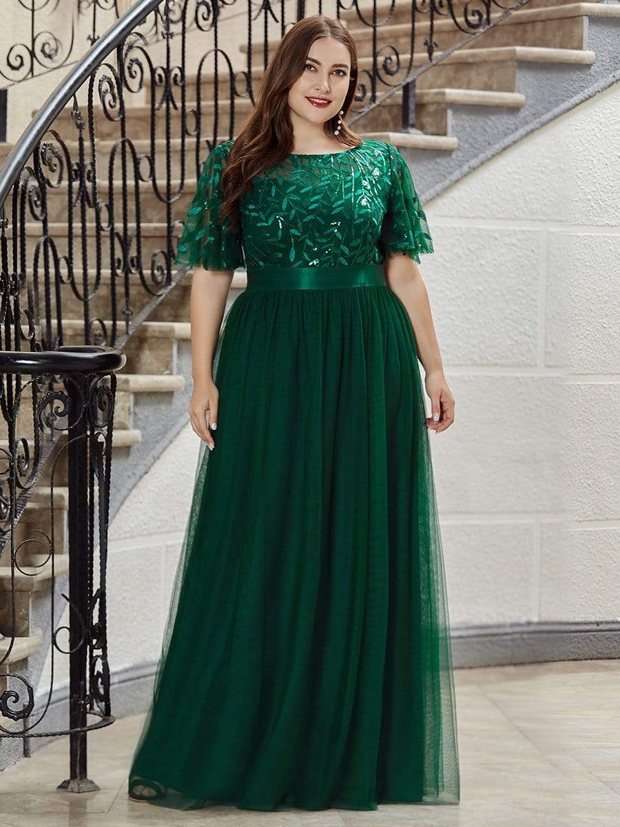 Plus Size Sequined Tulle Maxi Dress with Satin Waist Accent #color_Dark Green