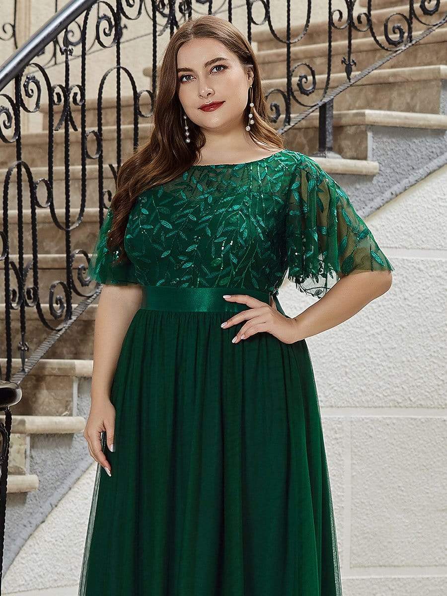 Plus Size Sequined Tulle Maxi Dress with Satin Waist Accent #color_Dark Green