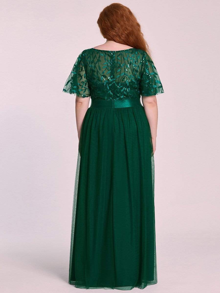 Plus Size Sequined Tulle Maxi Dress with Satin Waist Accent #color_Dark Green