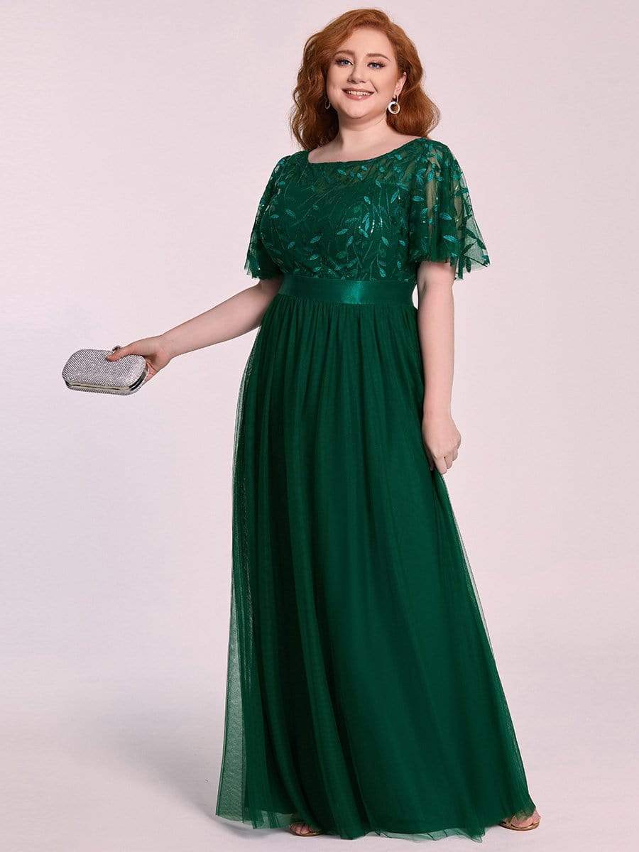 Plus Size Sequined Tulle Maxi Dress with Satin Waist Accent #color_Dark Green