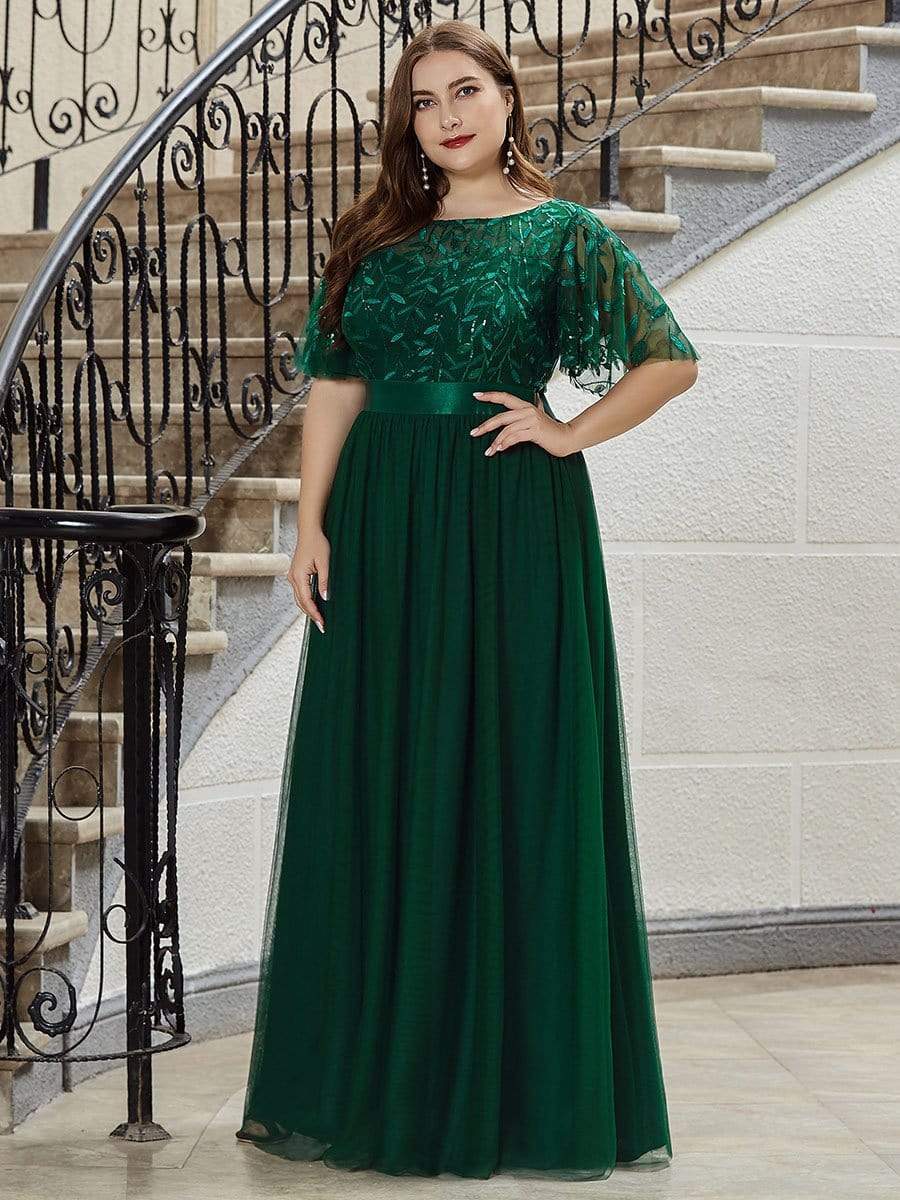 Plus Size Sequined Tulle Maxi Dress with Satin Waist Accent #color_Dark Green