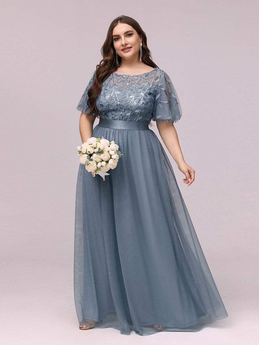 Plus Size Sequined Tulle Maxi Dress with Satin Waist Accent #color_Dusty Blue