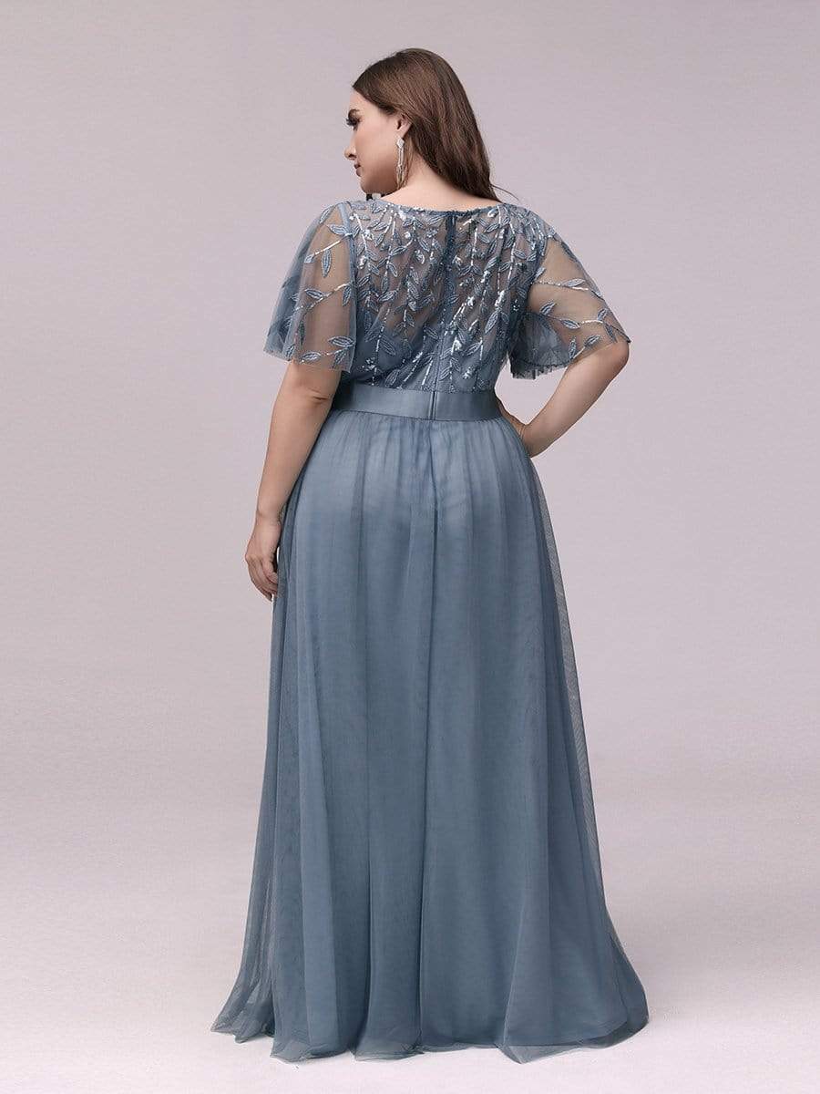 Plus Size Sequined Tulle Maxi Dress with Satin Waist Accent #color_Dusty Blue