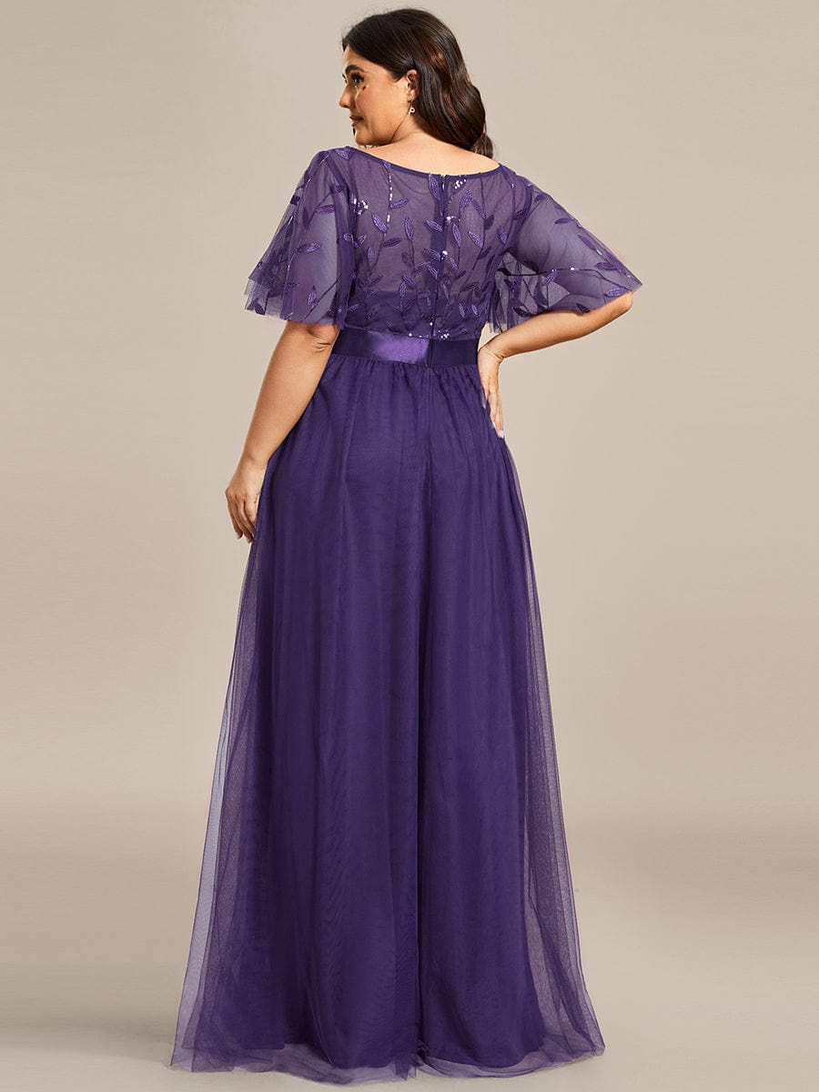 Plus Size Sequined Tulle Maxi Dress with Satin Waist Accent #color_Dark Purple