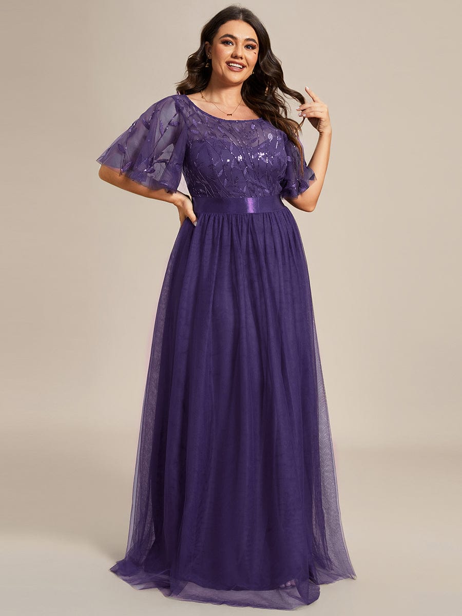 Plus Size Sequined Tulle Maxi Dress with Satin Waist Accent #color_Dark Purple