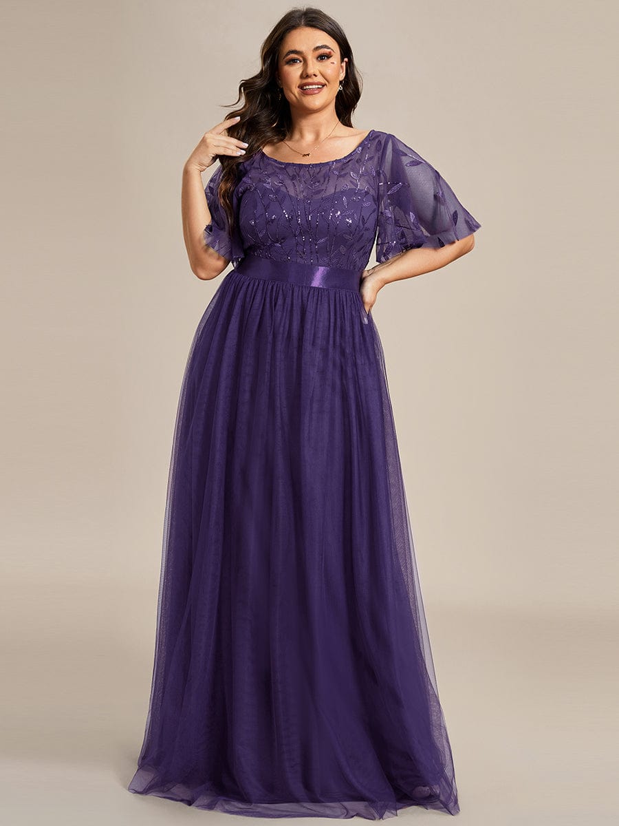 Plus Size Sequined Tulle Maxi Dress with Satin Waist Accent #color_Dark Purple