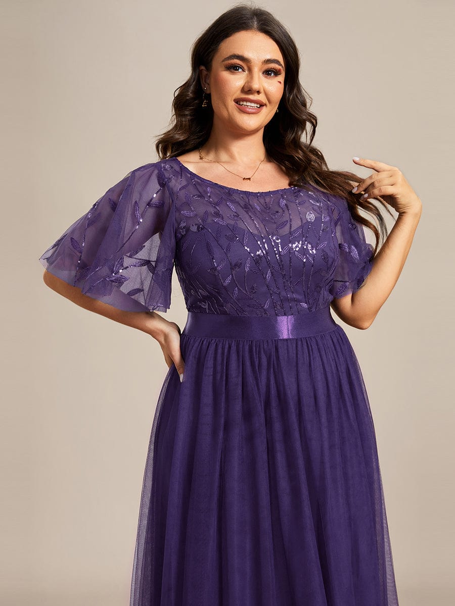 Plus Size Sequined Tulle Maxi Dress with Satin Waist Accent #color_Dark Purple