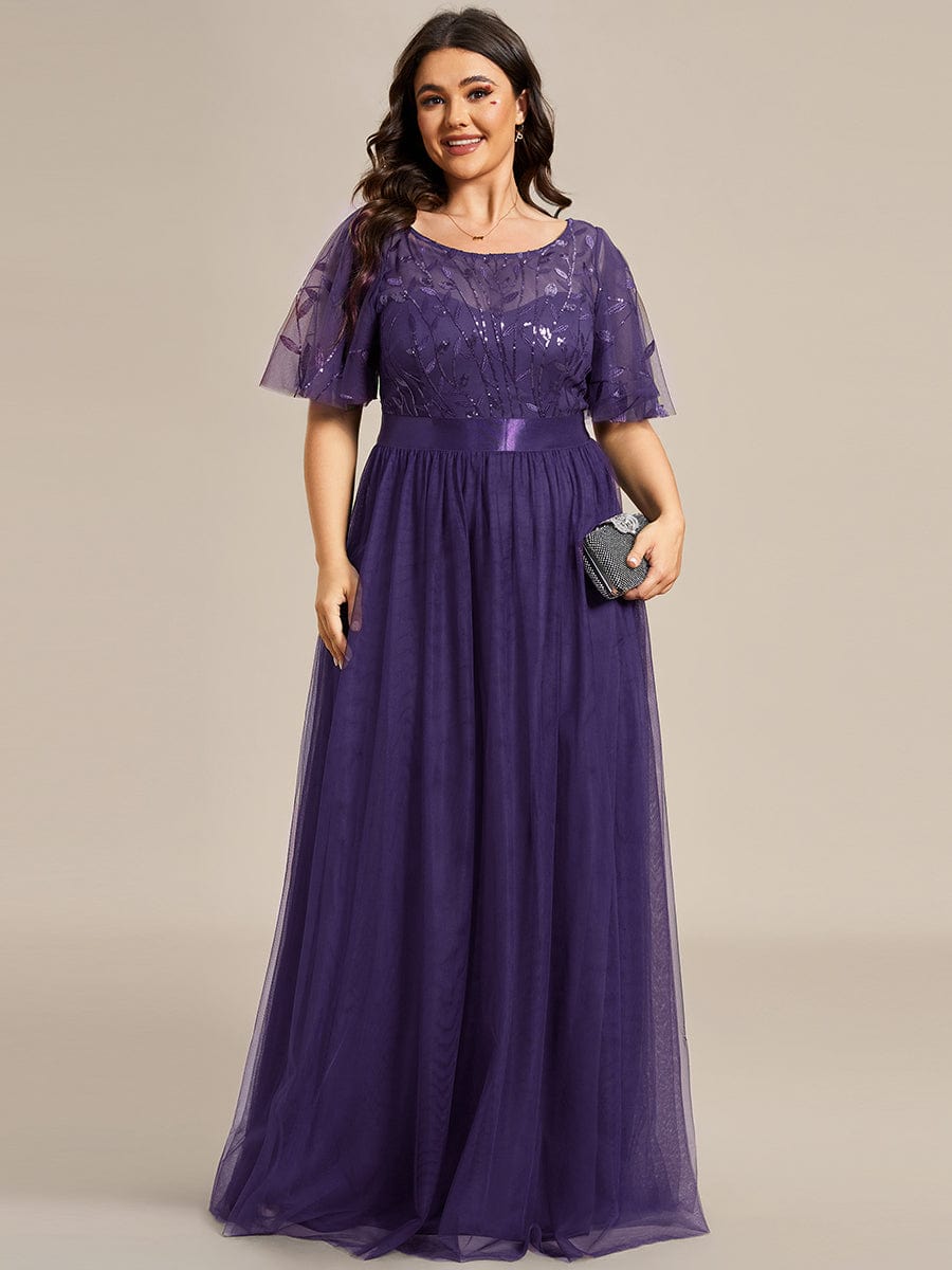 Plus Size Sequined Tulle Maxi Dress with Satin Waist Accent #color_Dark Purple