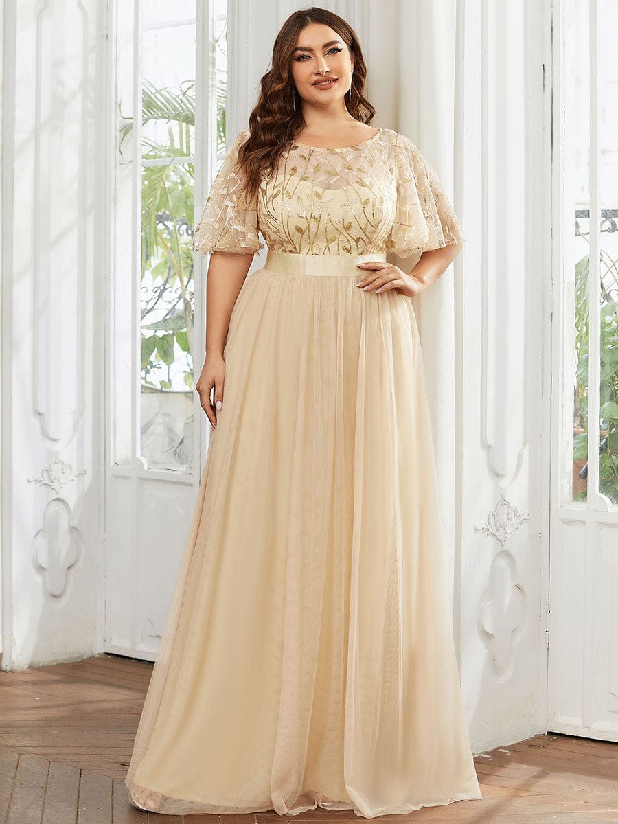 Plus Size Sequined Tulle Maxi Dress with Satin Waist Accent #color_Gold