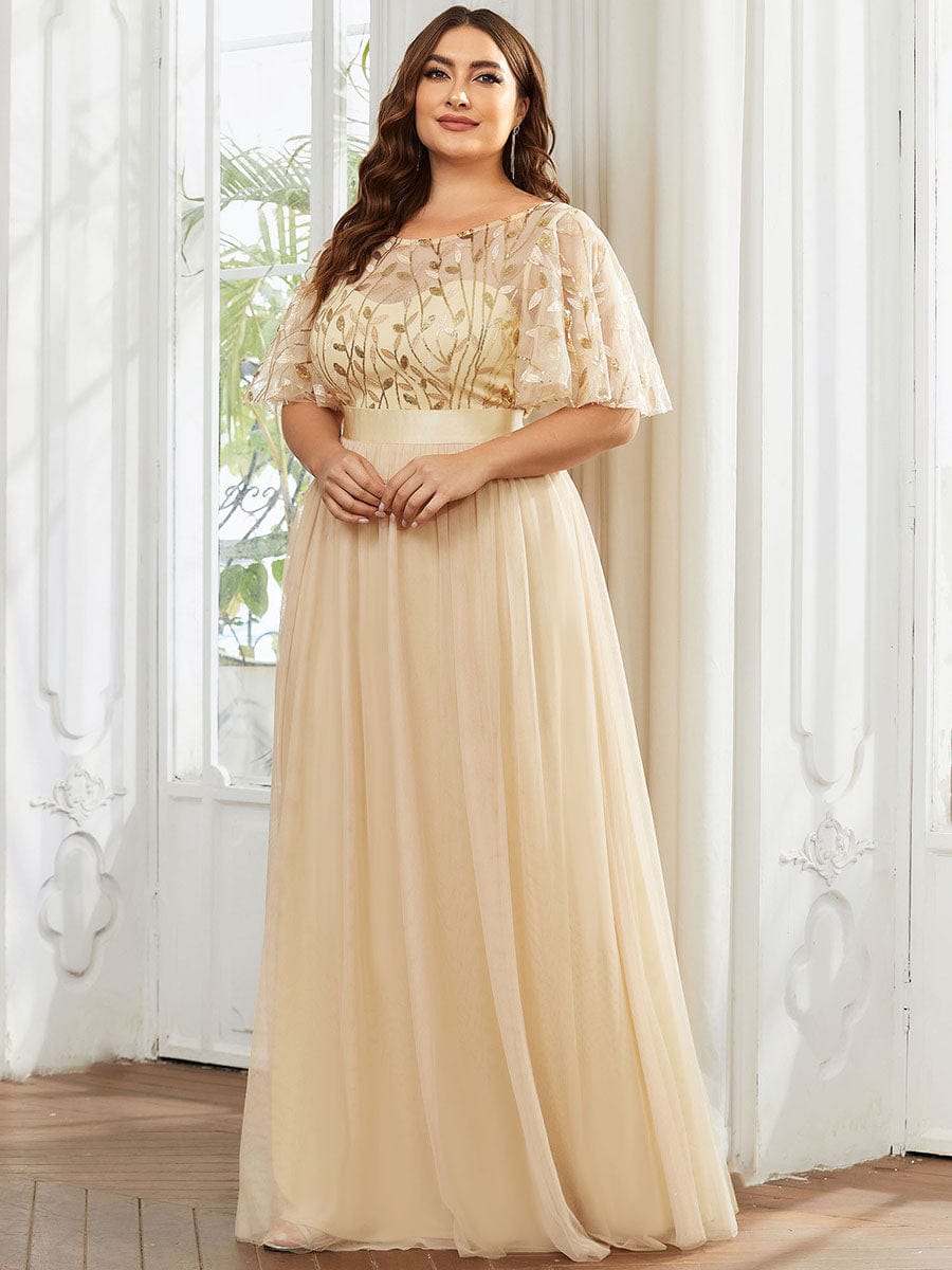 Plus Size Sequined Tulle Maxi Dress with Satin Waist Accent #color_Gold