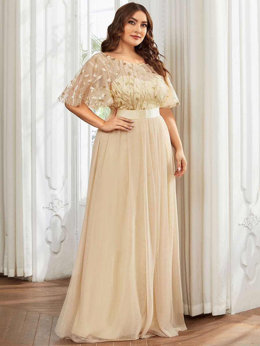 Plus Size Sequined Tulle Maxi Dress with Satin Waist Accent #color_Gold